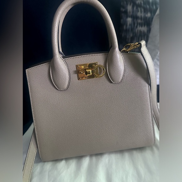 FERRAGAMO Salvatore Studio Box Mini Leather Top Handle Bag in Taupe - Picture 1 of 14
